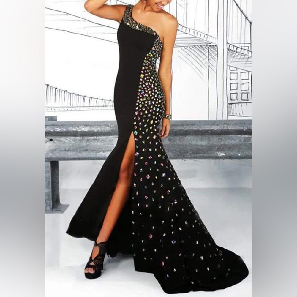 Tiffany Designs Black One-Shoulder Dress with Multicolor Accents